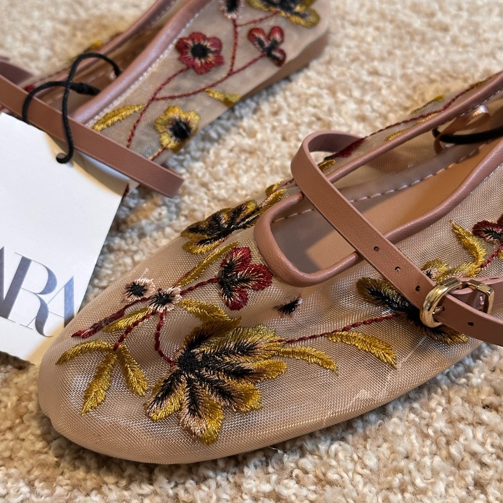 Zara Embroidered Mesh Ballet Flats - Floral - Mauve - EU39 - Picture 2 of 6